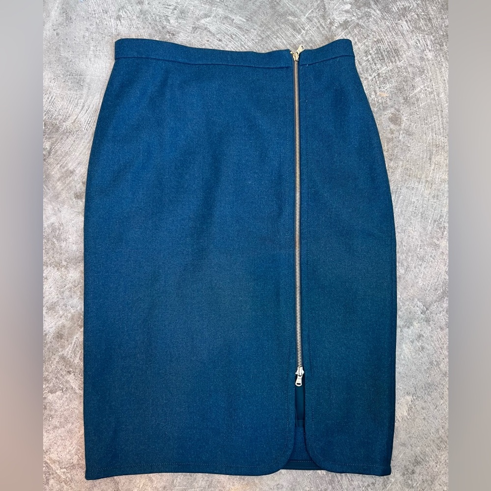J Crew Wool Pencil Skirt Sz 12T brass zipper detail Forest green NWOT